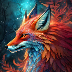 Mystical fox like phoenix, red and blue colors, digital.