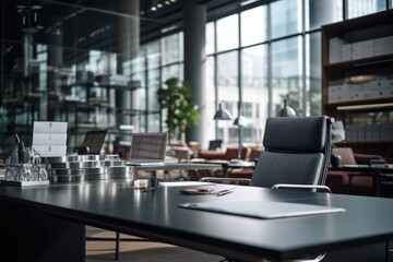 A desk with a laptop and a chair. Perfect for office and work-related themes