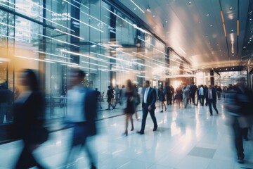 A group of people walking through a lobby. This image can be used to showcase teamwork, collaboration, or a busy office environment