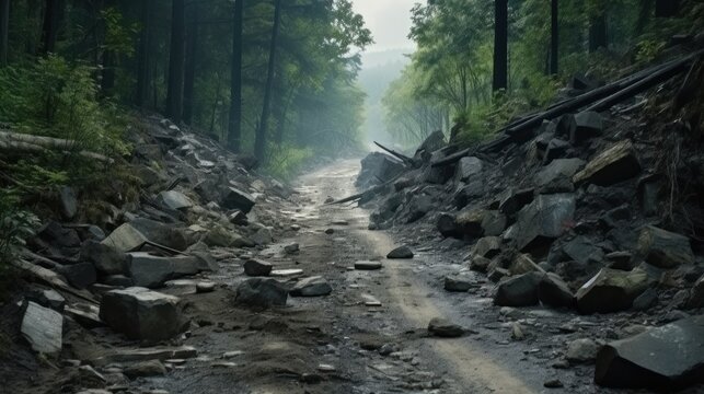 The road conditions were bad in the middle of a muddy and rocky forest. AI generated image