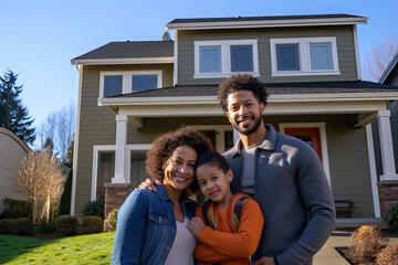 Happy family in front of their house, home, real estate. Homeowners, renters, mom, dad, kids, children, blended families, diverse families, standing in front of their property.