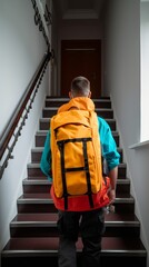 A delivery worker courier guy, view from back, ascends a staircase carrying a backpack for delivery items. Essential role of delivery personnel in bringing goods to their destinations efficiently.