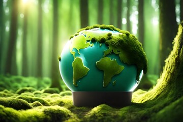 Green Globe In Forest With Moss And Defocused Abstract Sunlight