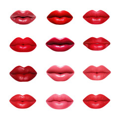 Set of lips, different types and colors of lipstick. Isolated on transparent background. 