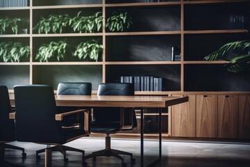 A conference room with a wooden table and black chairs. Suitable for business meetings and presentations