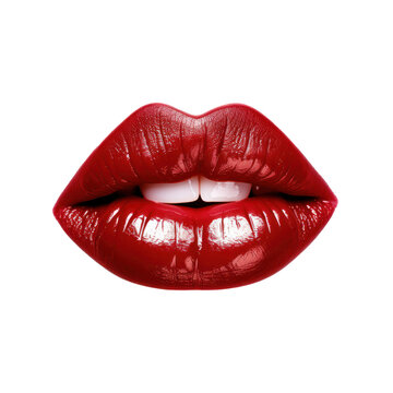 Attractive woman open mouth adorned with red glossy lipstick. Transparent background. 