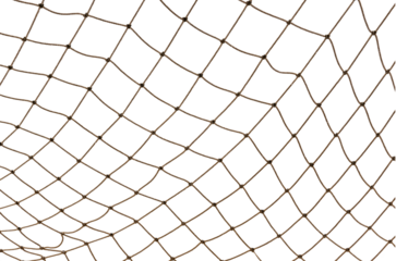 Icy mesh made of rope in the snow on a white background. Torn fishing, football, tennis net isolate