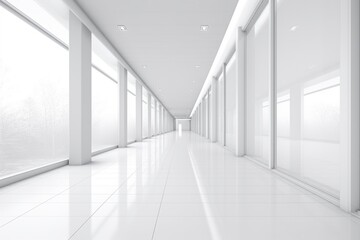 A straightforward image of a long hallway with white tile floors and large windows. This picture can be used to depict a modern office space or a clean and spacious interior design.