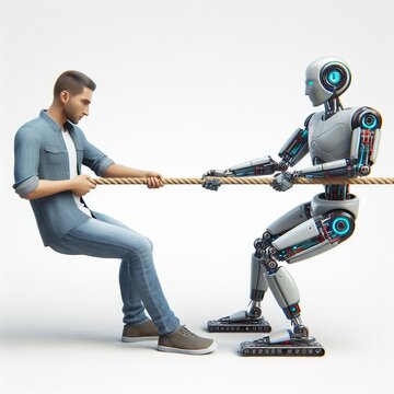 Man and robot in a tug of war, symbolizing the struggle between humans and technology.
