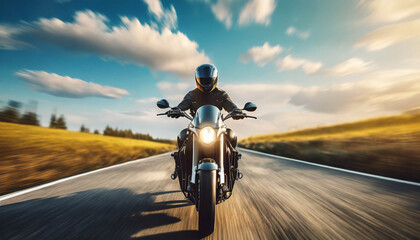 front view of a motorcycle or motorbike driving fast on road in rural landscape .ai generated - Powered by Adobe