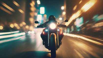 motorbike driving fast in city at night. riding motorcycle front view  .ai generated