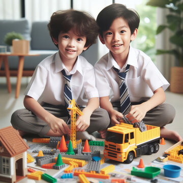 Two asian kids in school uniforms engaged in creative play with colorful building blocks and toy vehicles.