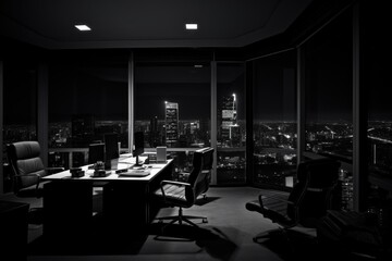 A black and white photo of a desk with a view of a city. Perfect for office or workspace concepts