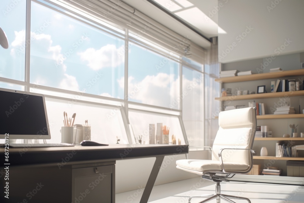 Poster a desk with a computer and a chair positioned in front of a window. ideal for office or work-related