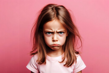 Angry disgruntled little girl on a solid pink background. ai generative