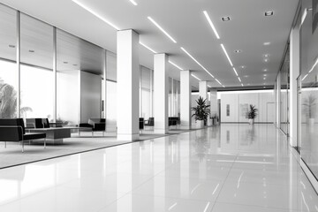 A black and white photo of a lobby. Suitable for use in interior design projects