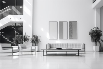 A black and white photo of a living room. Can be used for interior design inspiration