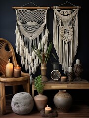 Fototapeta na wymiar Bohemian Macram� Art: Intricately Knotted Earthy Threads with Beads and Feathers for a Relaxed Living Space.