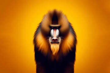 Angry disgruntled mandrill monkey on a solid yellow background. ai generative - obrazy, fototapety, plakaty