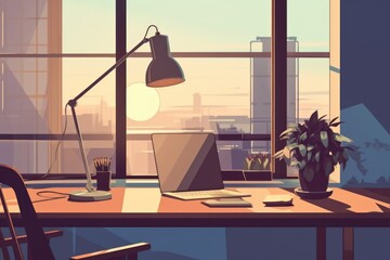 A desk with a laptop and a lamp. Suitable for office, work, and technology concepts