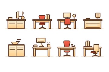 A set of office desks and chairs, perfect for creating a productive work environment. Suitable for office spaces, co-working spaces, and home offices