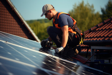 solar panel worker on top of the roof of a house working - obrazy, fototapety, plakaty