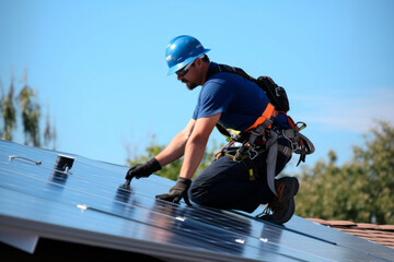solar panel worker on top of the roof of a house working