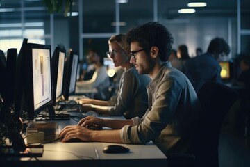 A man sitting at a desk using a computer. Suitable for depicting work, technology, and productivity - obrazy, fototapety, plakaty