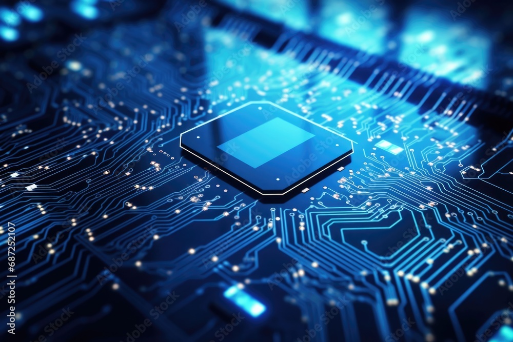 Poster a detailed close-up view of a computer chip on a circuit board. this image can be used to illustrate