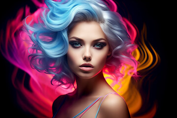 Portrait of a beautiful girl with rainbow neon hair style on black background.