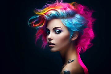 Portrait of a beautiful girl with rainbow neon asymmetric hair style on black background.