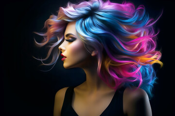 Portrait of a beautiful girl with rainbow neon hair style on black background.