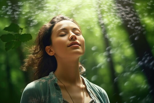 A woman standing in a peaceful forest, her eyes closed. This image can be used to represent relaxation, mindfulness, and connecting with nature