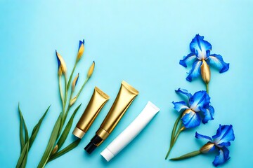 Golden cosmetic cream tube and blue iris flowers on light blue background in sunlight