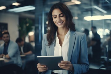 A professional woman dressed in a business suit holding a tablet computer. Suitable for business and technology-related projects