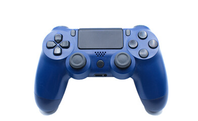 Ocala, Florida November 2023 Video game remote controller gamepad isolated on a light white background. Black and blue color top view with buttons two joysticks and directional movement pad © Chase D’Animulls