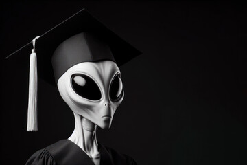 Photo portrait of a Alien wear graduation hat on solid black background. ai generative