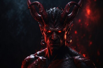 portrait of a demonic devil with red glow eyes on black background. ai generative