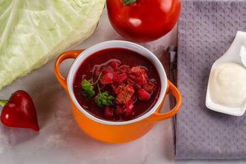 Borsch soup with cabbage and beetroot