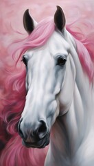 Portrait of a White Horse with a Pink Mane