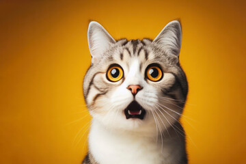 Studio portrait of surprised cat on bright yellow studio banner with empty copy space. ai generative