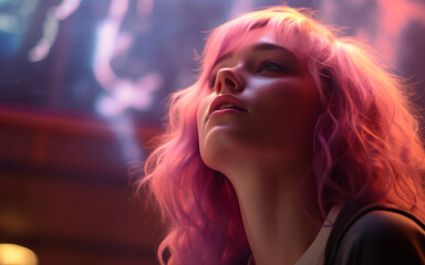 Portrait of a dreamy woman in a nightclub (Generative AI)