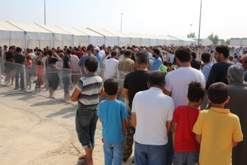 Obraz premium Huge queue and Crowd of homeless refugees view from the back with staff and children. Refugees and economy crisis.
