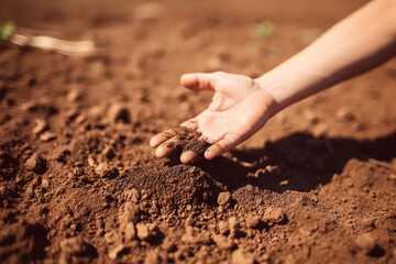 Expert hand of farmer checking soil health before growth a seed of vegetable or plant seedling. Neural network AI generated art