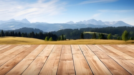 Empty wooden table top with Scandinavian, outdoors, mountain, field and forest background. Template for product display. Stage for product design Generative AI
