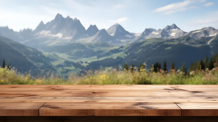 Empty wooden table top with Scandinavian, outdoors, mountain, field and forest background. Template for product display. Stage for product design Generative AI