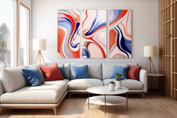 Modern living room with abstract wall art, a white sofa with colorful pillows, a stylish lamp, and a plant