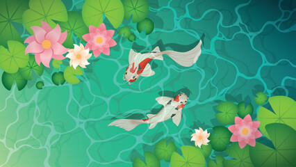 Pond with koi fish and water lily leaves top view. Vector cartoon landscape of green lake or river surface with water plants and koi fish.