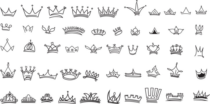 Hand drawn doodle crowns. King crown sketches, majestic tiara, king and queen royal diadems vector. Line art prince and princess luxurious head accessories isolated on white background