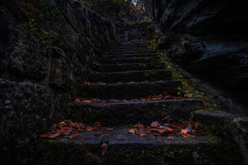 Ancient stone stairs hidden in deep forest in the north Bohemia. Path full of creepy and haunted...